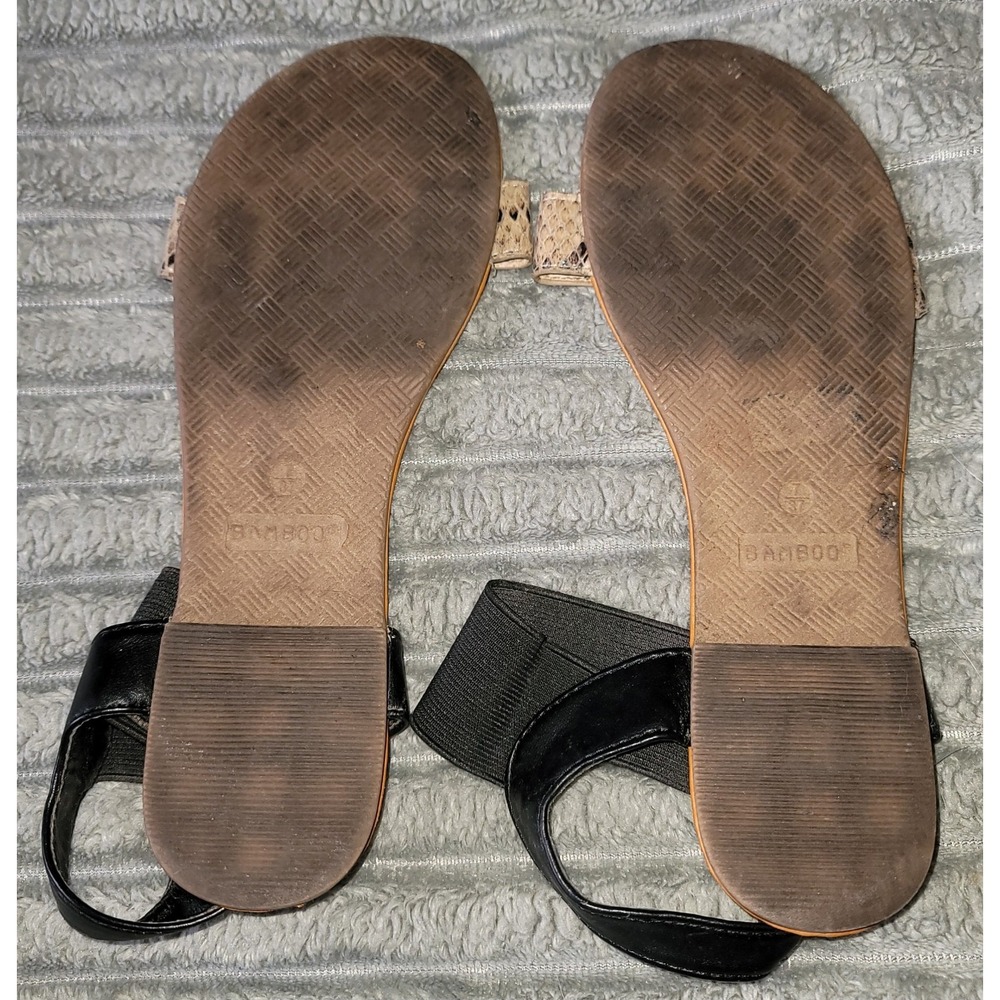 Bamboo‎ Women's Size 7 Ankle Strap Sandals Black and Snake Skin Print Open Toe - Picture 3 of 5